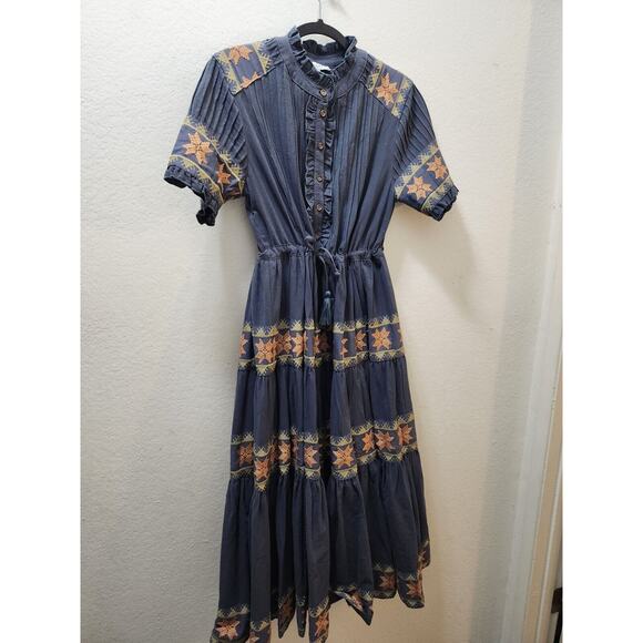 IVY CITY Co. Maxi Dress Short‎ Sleeve Embroidery 100% cotton Gray size M Boho - Picture 2 of 11